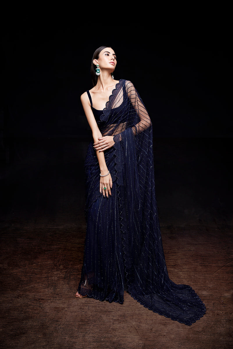 Midnight blue saree with crystal work – Sawan Gandhi Online Store