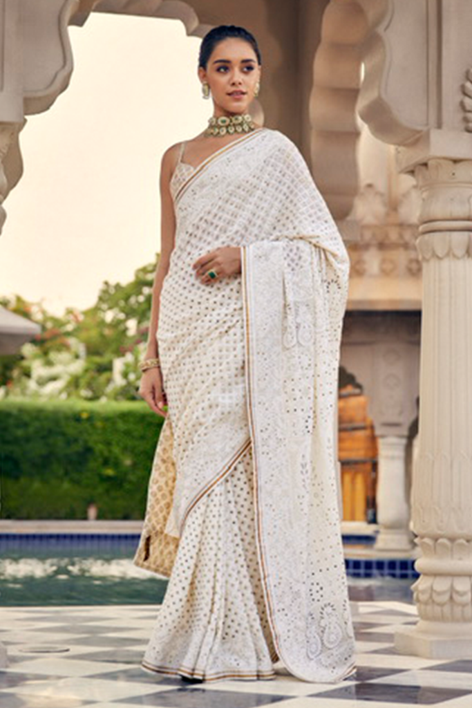 Beads 'n Borders / Rewa Silk Trends - Chichu is adorning an off white  chikankari Saree with dull golden badla and zari work. #chikankarisaree  #offwhitechikankari #beadsnborders | Facebook